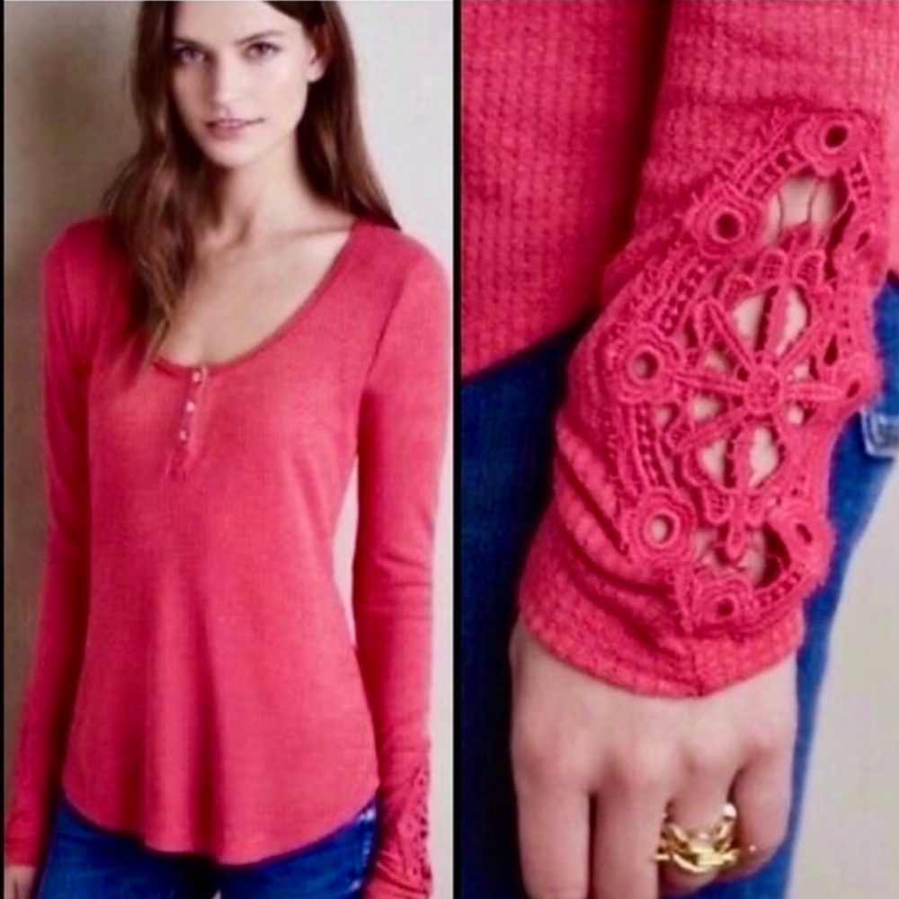 πΊπHPππΊ NWOT Anthropologie Eloise Crochet Cuff Henley - Picture 4 of 16